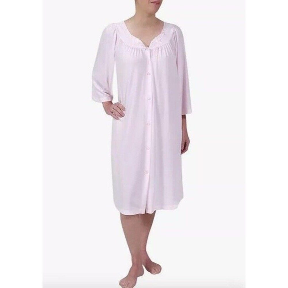 EUC Vintage Miss Elaine Pink Floral Trim Nightgown Nice 39” Long- sz L